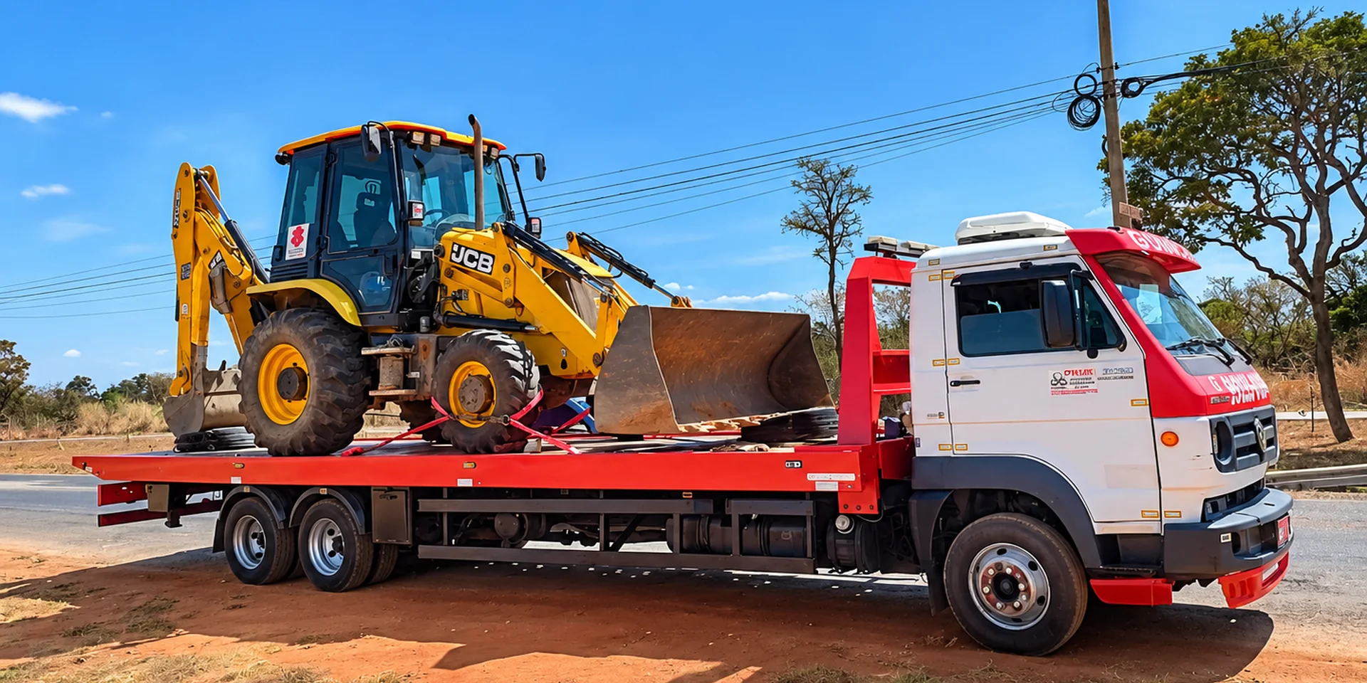 Retroescavadeira transportada em plataforma de guincho